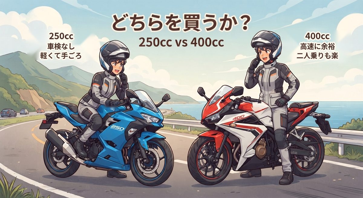 250ccと400ccのスポーツバイクを前に、どちらを買うか考える二人のライダーのイメージイラスト