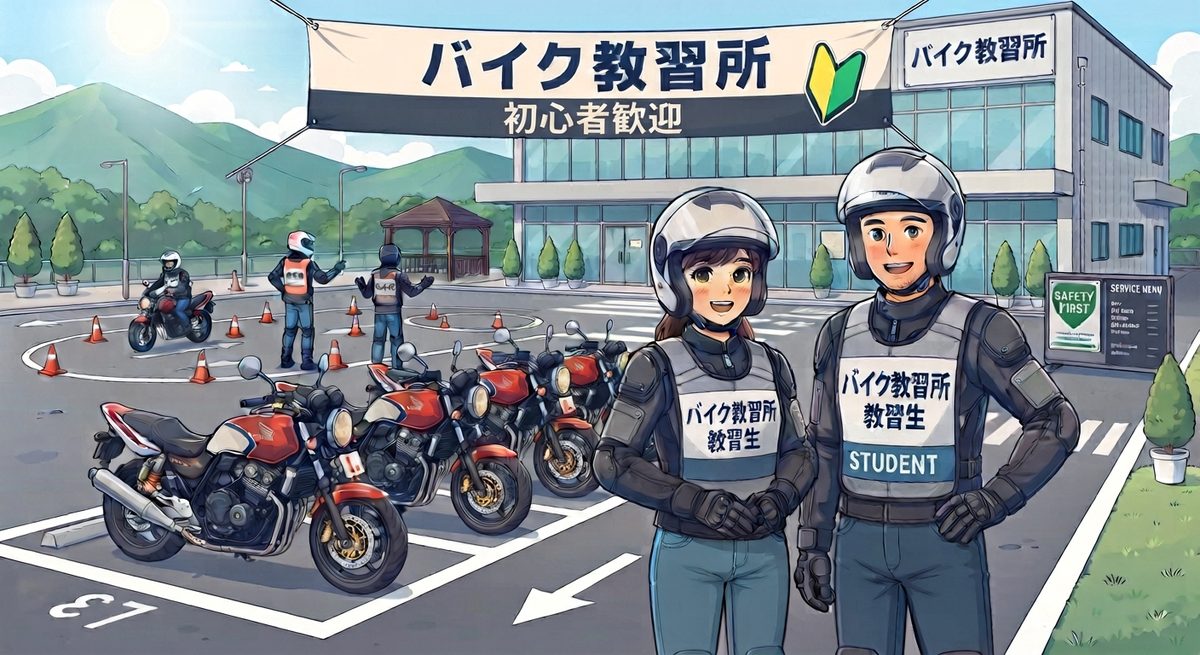 バイク教習所の練習コースのイメージ。教習生のゼッケンを着けた2人と、教習用の中型バイクが並んでいる。
