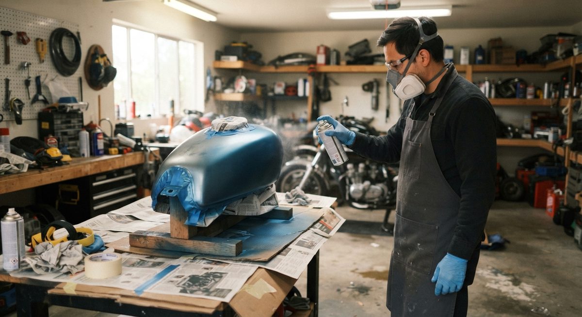 ガレージで、車体から外した燃料タンクを台に載せ、マスクと手袋を付けて缶スプレーで塗装しているようす